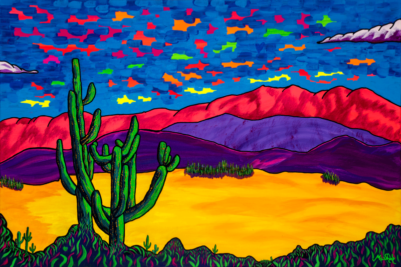 Clark Sheppard's painting 'Legend' captures the mystical landscapes of the Southwest with bold colors and a vibrant, dreamlike atmosphere