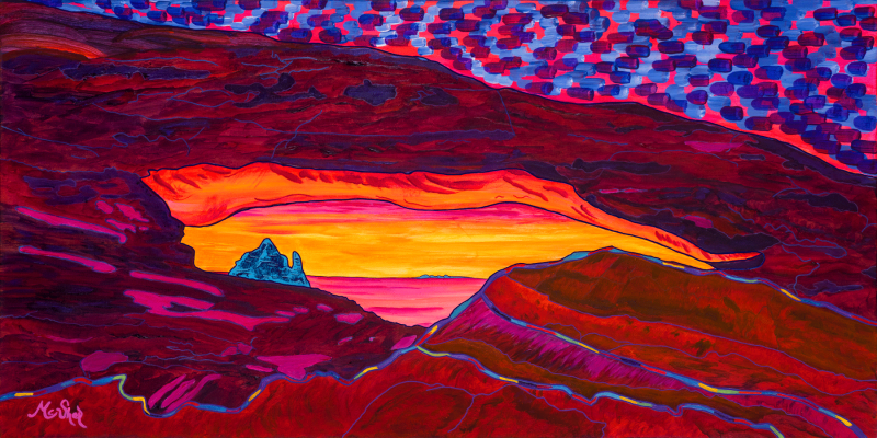 “Rugged Serenity” Panoramic fluorescent acrylic painting of Mesa Arch, Canyonlands, by Sedona artist Clark Sheppard—luminous Southwest wall art glowing under black light.