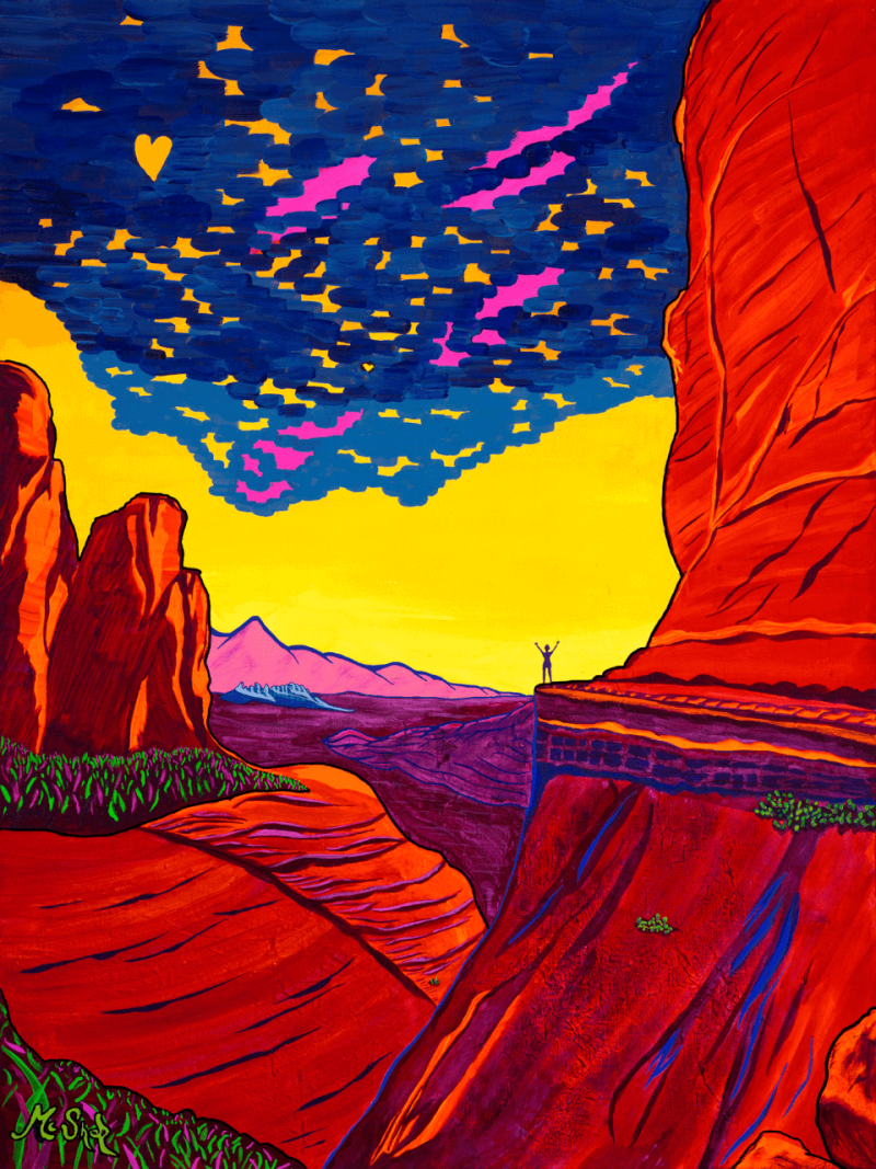 Pure Joy. A lone hiker stands beneath towering red-rock spires of Cathedral Rock under a glowing blue sky, painted in vivid fluorescent colors.