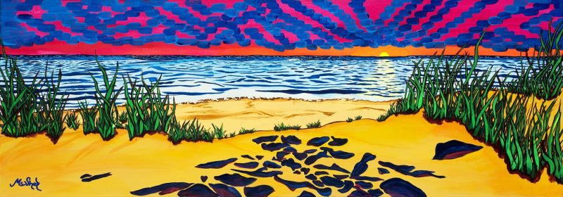 The Dunes of Naples Panoramic beach dunes with sea grasses leading to ocean waves beneath a vibrant magenta and indigo sunset sky.