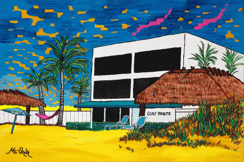 Gulf Pointe, a Fluorescent coastal scene with palm trees, beach chairs, glowing sand, and a modern beach resort under a patterned sky