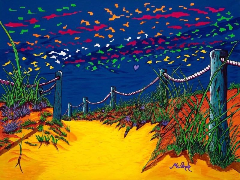 Always on Vacay Sand dune pathway with rope posts leading toward the ocean under a colorful patterned sky.