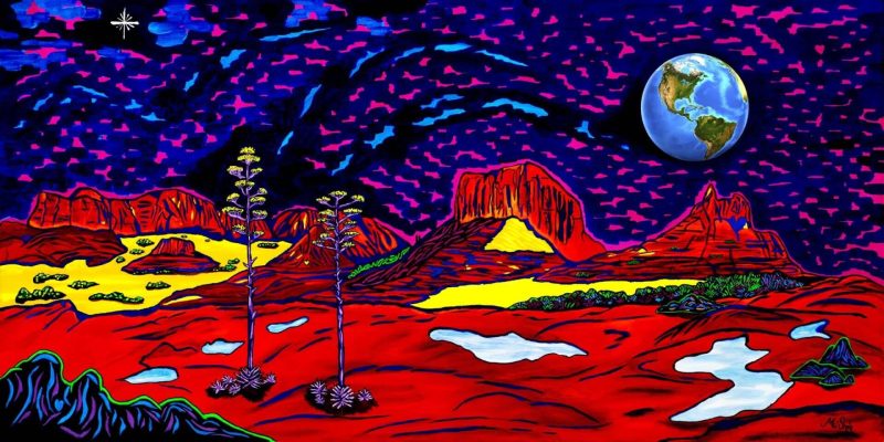 Sedona’s Hypnotic EarthriseSedona red rock formations beneath a patterned indigo night sky, with Earth rising above the horizon and reflective desert pools glowing softly across the landscape.