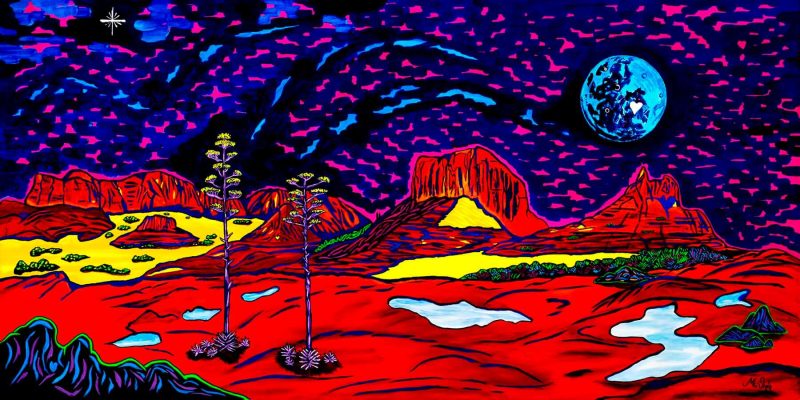 Sedona's Mystical Moonrise artwork" Panoramic fluorescent acrylic painting of Sedona red rock formations beneath a glowing moon and vivid night sky.