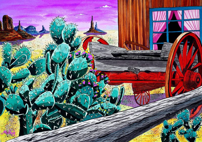 Watercolor painting of a rustic desert town scene with sunlit buildings, warm earth tones, and rugged surrounding landscape under a clear sky