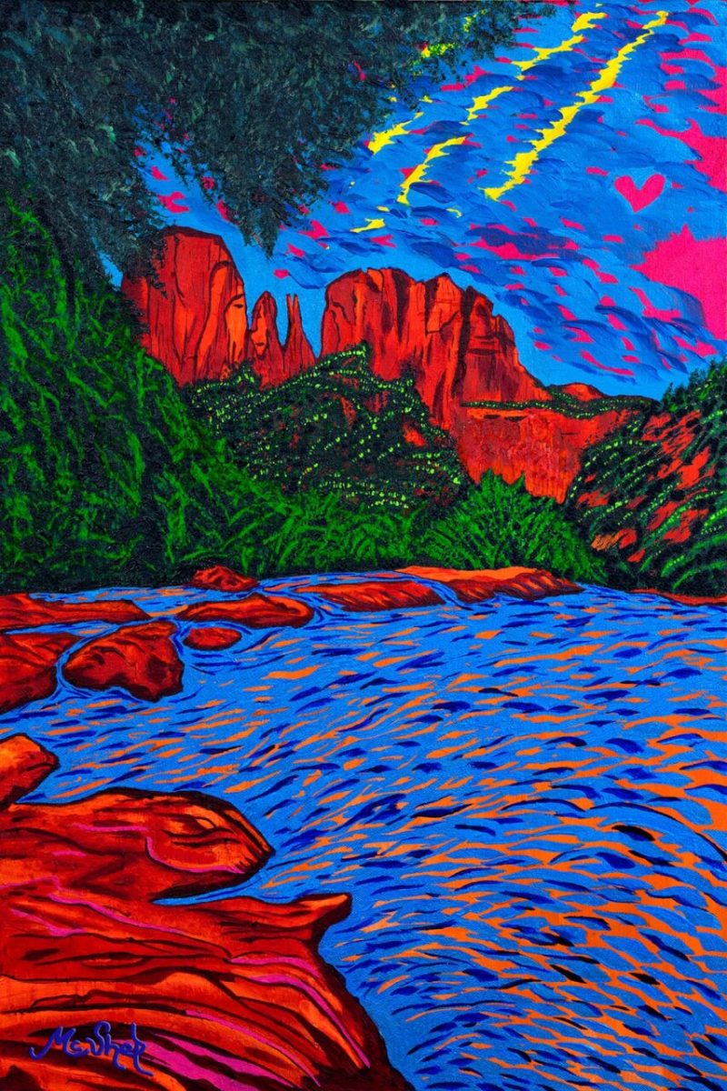 : Red Rock Crossing, a painting by Sedona artist Clark Sheppard, in glowing fluorescent acrylic, Cathedral Rock reflected in Oak Creek, a vivid, mystical landscape under natural and black light.