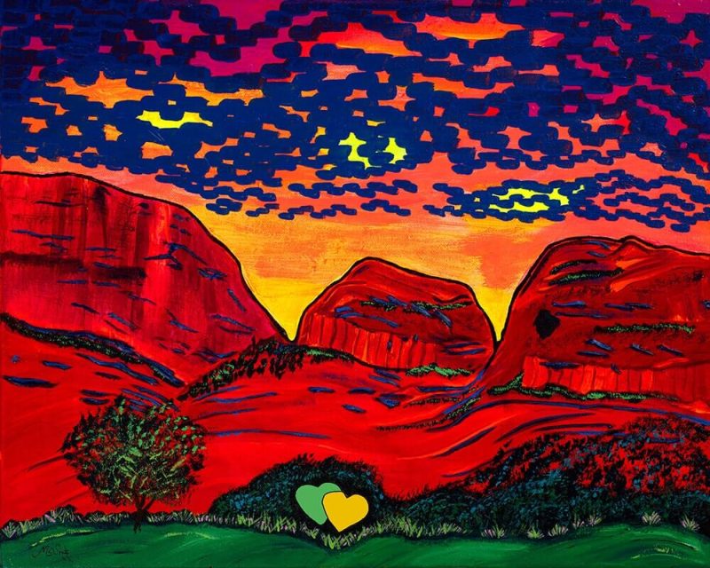 Enchanting Love in Sedona by Clark Sheppard — fluorescent acrylic painting of Sedona’s Enchantment Resort area, featuring glowing cliffs, radiant sky, and two yellow and green hearts symbolizing the bride and groom’s favorite colors.