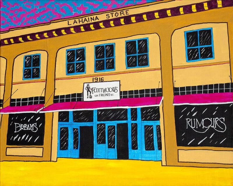 Fleetwood’s On Front St. luminous acrylic painting by Sedona artist Clark Sheppard honoring Fleetwood Mac and Lahaina wildfire relief.