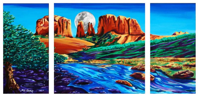 Cathedral Moon triptych painting of Sedona’s Cathedral Rock beneath a luminous full moon spanning three connected panels