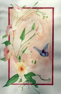 A watercolor painting of morning glories with delicate vines and a blue butterfly in a soft, warm-toned background.