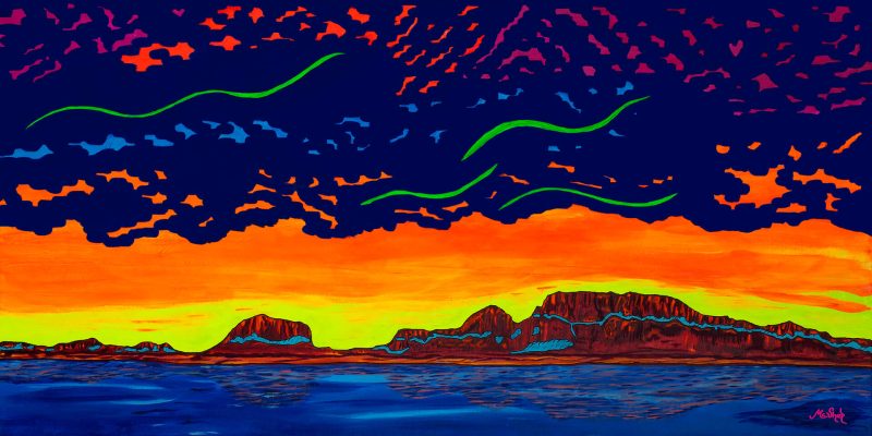 Powell's Celestial Dreamscape by Sedona artist Clark Sheppard — a Lake Powell painting with dimensional 3-D brushwork, vibrant skies, and glowing black light effects in the original.”
