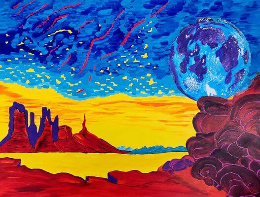 Mid-process image showing the transformation with acrylic fluorescents over early sketches, adding vivid, glowing layers.