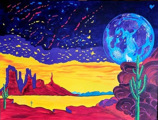 Mid-process image showing the transformation with acrylic fluorescents over early sketches, adding vivid, glowing layers and using maskoid around the moon to protect the edges.