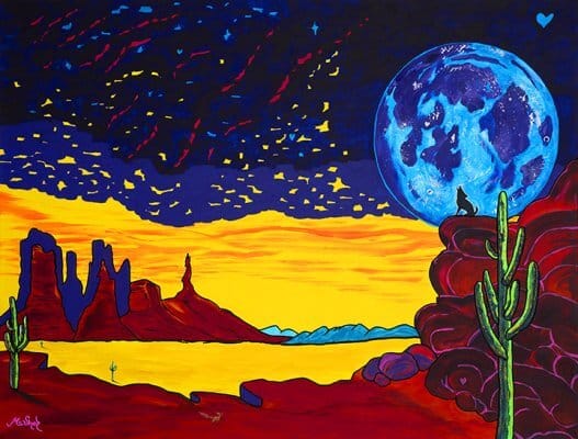 Final artwork of Coyote’s Lunar Serenade featuring glowing, vibrant colors and a blend of whimsical desert elements.