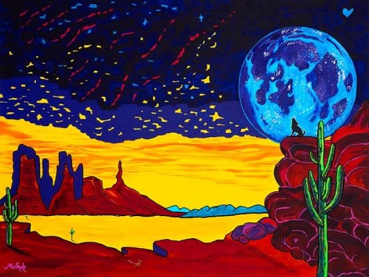 CCoyote’s Lunar Serenade painting by Clark Sheppard featuring a coyote howling under a glowing purple and blue desert moonrise