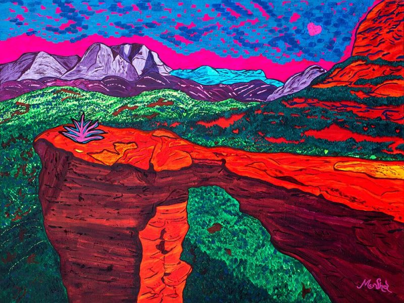 Devil’s Bridge A Red sandstone Devil’s Bridge arch rising above green forest beneath a vibrant magenta and blue sky