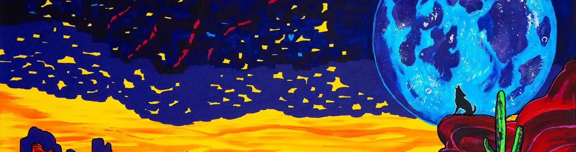 “Coyote’s Lunar Serenade” painting by Clark Sheppard, featuring a coyote howling beneath a vivid moonrise