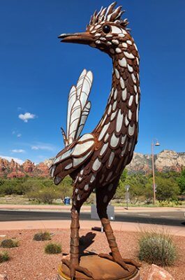 Morgan” the Sedona's Red Rock Roadrunner sculpture at the Morgan Road roundabout, created by Don Kennell and Lisa Adler of DKLA Design in Santa Fe, NM
