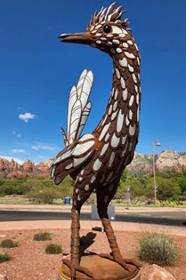 Morgan” the Sedona Red Rock Roadrunner sculpture at the Morgan Road roundabout, created by Don Kennell and Lisa Adler of DKLA Design in Santa Fe, NM