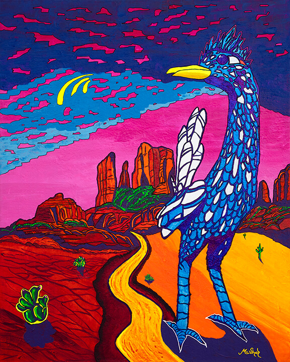 Sedona’s Red Rock Roadrunner painting of Morgan sculpture with colorful Sedona desert landscape by Clark Sheppard.