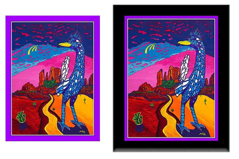 Giclée art print of a colorful roadrunner in a Sedona desert landscape, shown unframed with a purple border and framed with a black frame.