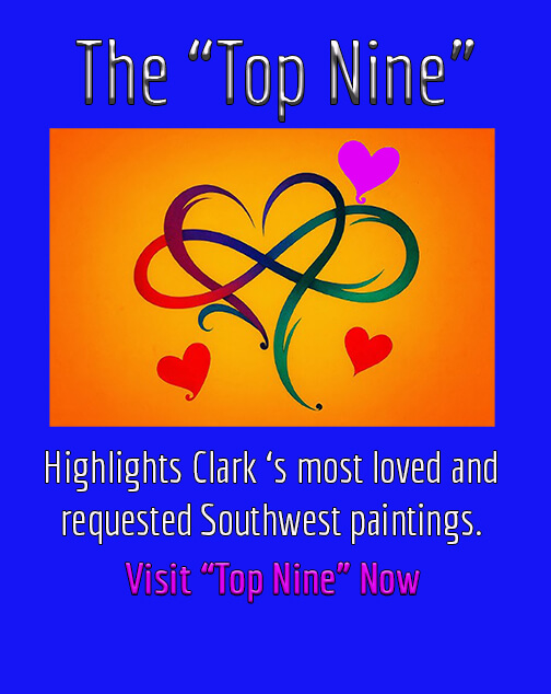 "Sedona Art Studios Top Nine pop-up highlighting Clark Sheppard’s most loved and requested Southwest paintings with heart design on orange background."