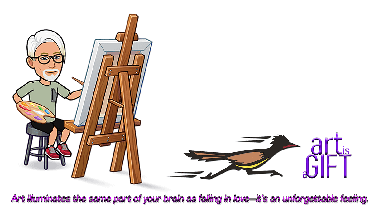 A stylized cartoon of an older man with white hair and glasses painting on an easel, while a roadrunner dashes by and the words “art is a GIFT” appear in purple.