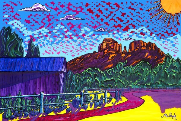 “Sedona's Crescent Moon Ranch” by Sedona artist Clark Sheppard — luminous acrylic painting of Cathedral Rock and Crescent Moon Ranch bathed in vibrant Sedona light.
