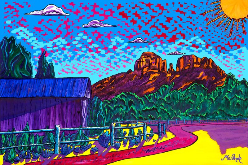 “Sedona's Crescent Moon Ranch” by Sedona artist Clark Sheppard — luminous acrylic painting of Cathedral Rock and Crescent Moon Ranch bathed in vibrant Sedona light.