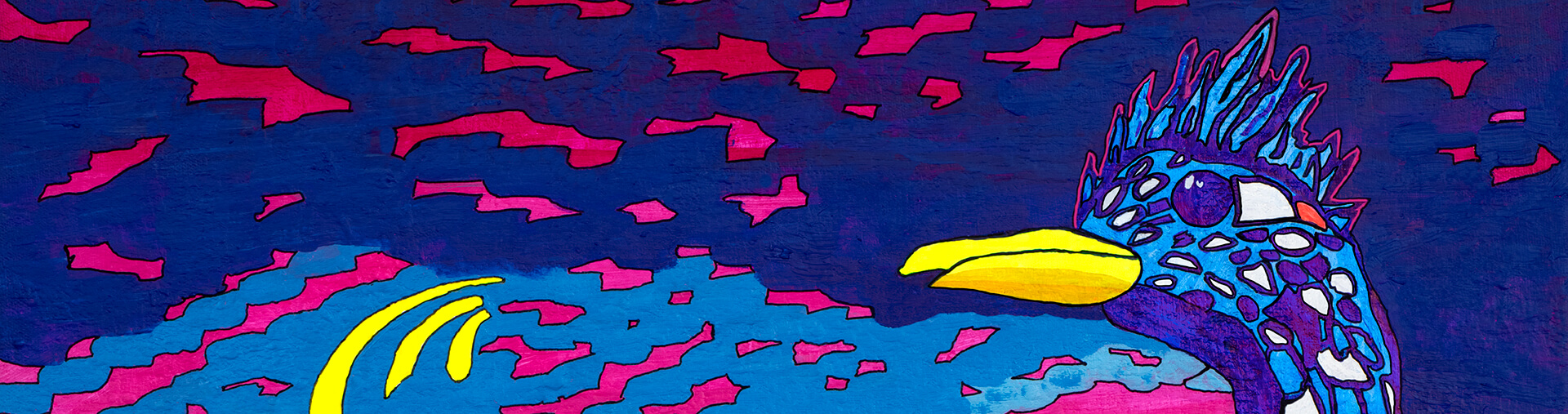 "Colorful roadrunner artwork in fluorescent acrylics with glowing desert sky, part of Sedona southwest paintings collection by Clark Sheppard at Sedona Art Studios."