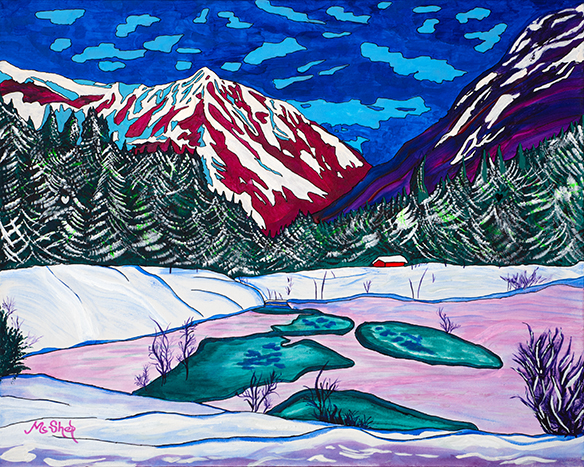 Beyond the Beaten Path. A Colorful snowy mountain valley with winding creek, pine trees, and glowing sky in a stylized winter landscape