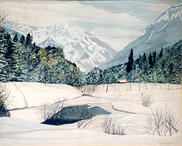 Snowy mountain landscape with trees, valley, and distant peaks painted in soft natural tones