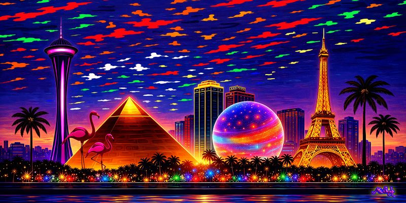 Las Vegas skyline art. Colorful Las Vegas skyline panorama with glowing Sphere, golden pyramid, Eiffel Tower, and vibrant twilight sky in luminous acrylic style