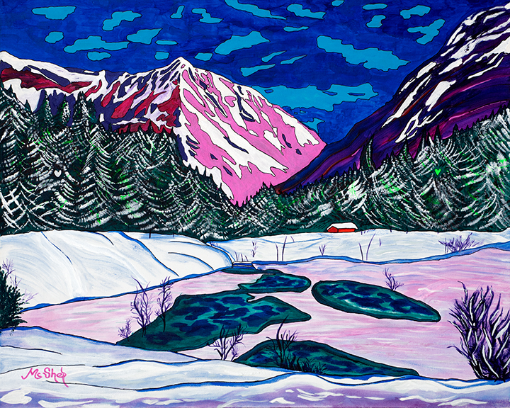 Beyond the Beaten Path. A Colorful snowy mountain valley with winding creek, pine trees, and glowing sky in a stylized winter landscape