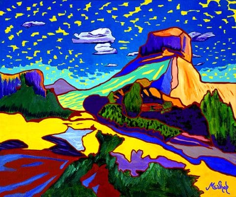 Inspired, a Colorful Southwest landscape painting with stylized sky, bold red rock formations, and reflective water in a vivid, imaginative style