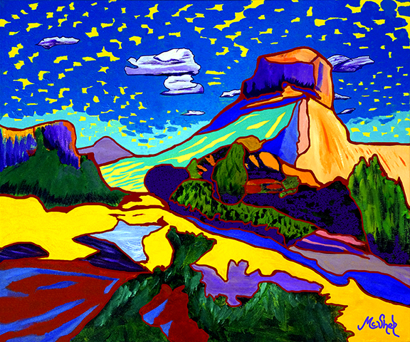 Inspired, a Colorful Southwest landscape painting with stylized sky, bold red rock formations, and reflective water in a vivid, imaginative style