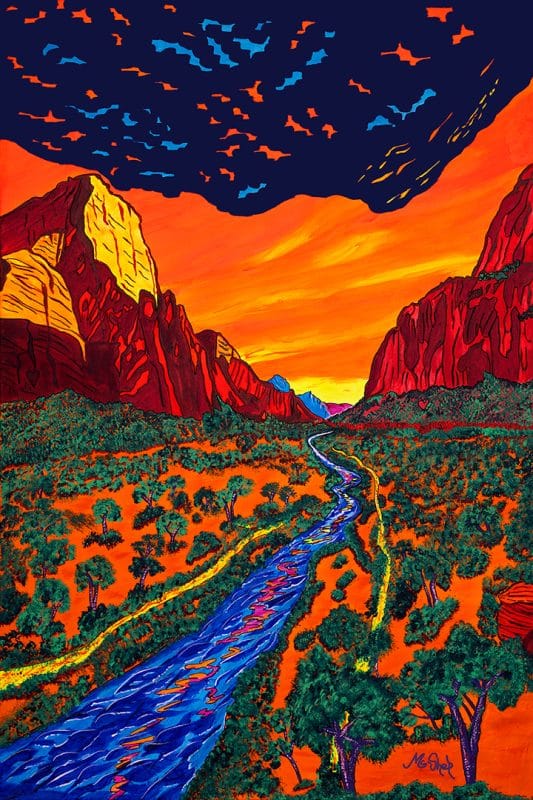 The Watchman's Glow a Fluorescent acrylic artwork of Zion National Park with the Virgin River flowing beneath glowing canyon walls at sunset.