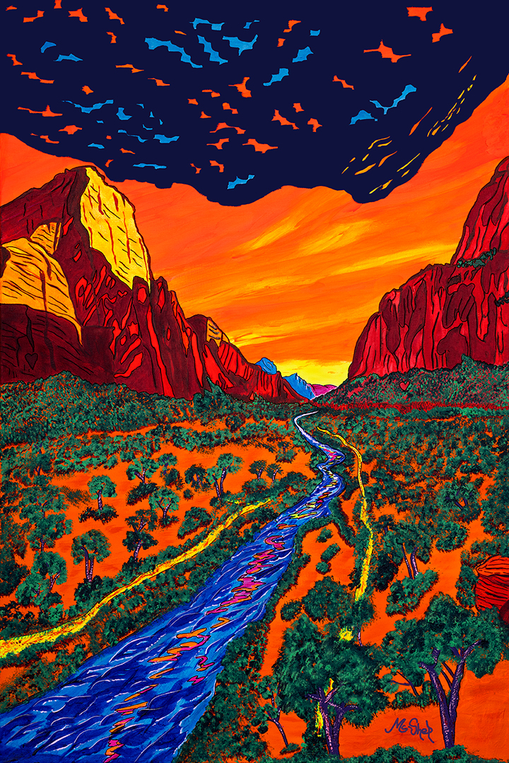 The Watchman's Glow a Fluorescent acrylic artwork of Zion National Park with the Virgin River flowing beneath glowing canyon walls at sunset.