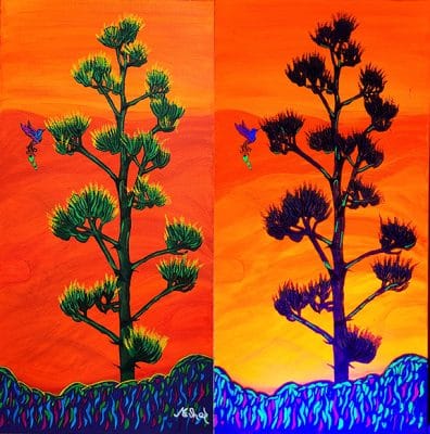 Side-by-side comparison of Century's Final Song showing the fluorescent acrylic painting in daylight on the left and glowing under black light on the right.