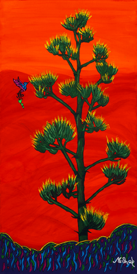 Sedona Original Paintings Original Sedona painting of a blooming century plant with a hummingbird beneath a glowing Arizona monsoon sunset.