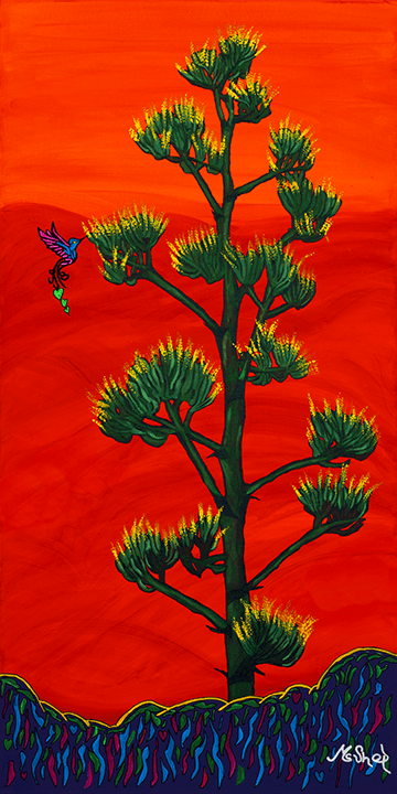 Sedona Original Paintings Original Sedona painting of a blooming century plant with a hummingbird beneath a glowing Arizona monsoon sunset.