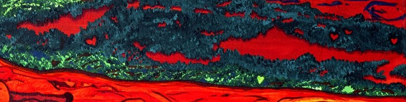 Close-up of hidden heart shapes blended into a fluorescent acrylic Sedona landscape painting.