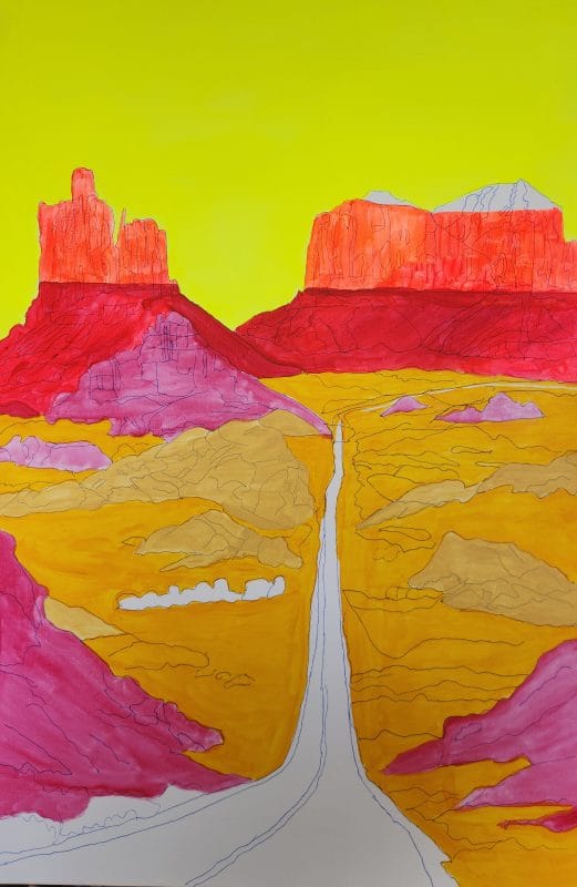 Underpainting of a southwest landscape showing the first blocked-in colors before details are added.