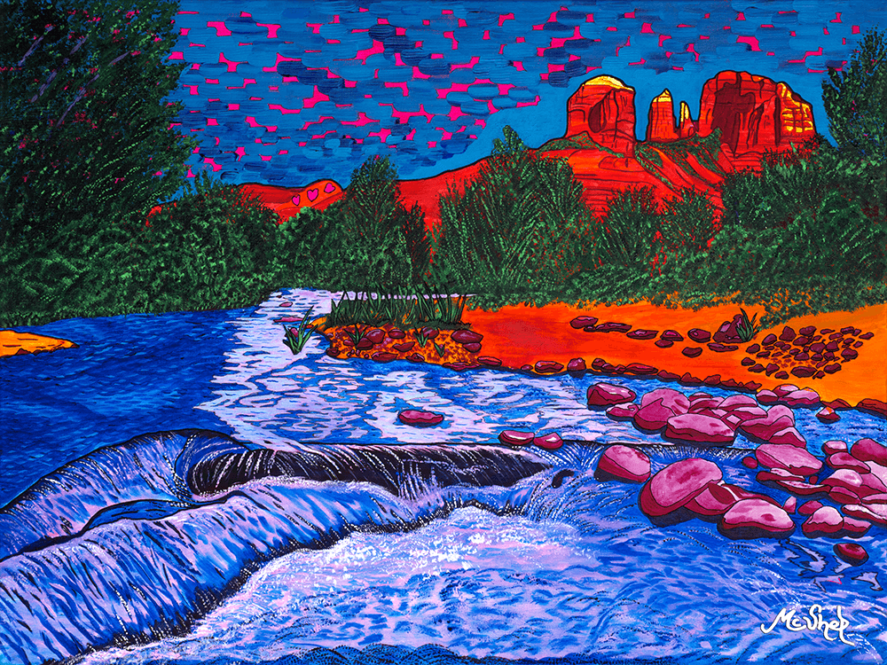 Original fluorescent acrylic painting of Cathedral Rock above Oak Creek at Red Rock Crossing in Sedona.