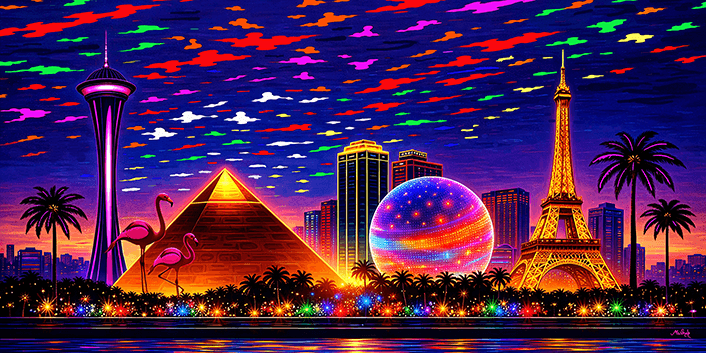 Colorful Las Vegas skyline at sunset with glowing Sphere, pyramid, and Eiffel Tower, painted in a vivid fluorescent acrylic style