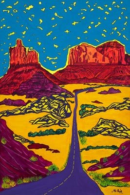 My Road to Monument Valley colorful fluorescent acrylic painting by Clark Sheppard