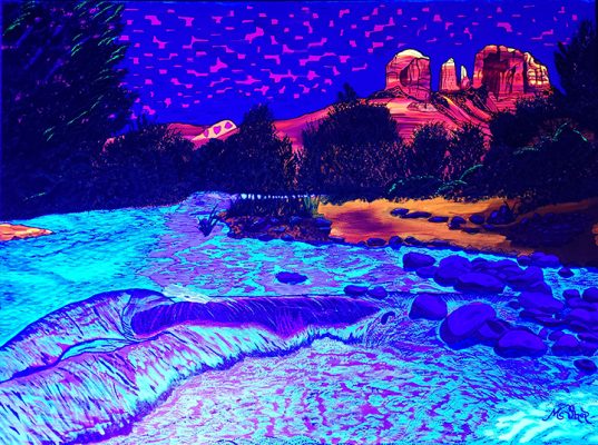 Sedona’s Cathedral Serenity fluorescent acrylic painting glowing under black light