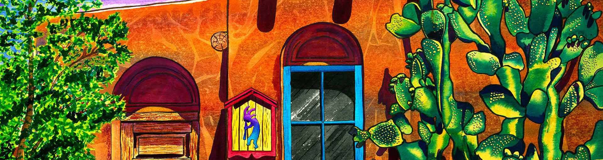 “Pitiado” painting by Clark Sheppard, featuring embroidered-inspired desert textures in vivid colors