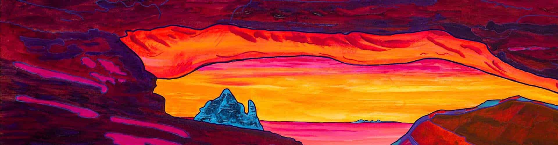 “Rugged Serenity” panoramic painting by Clark Sheppard showing layered desert cliffs and glowing sky.