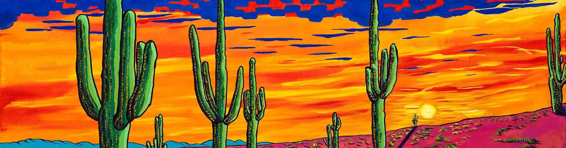 Vibrant acrylic painting of tall saguaro cacti silhouetted against a fiery orange and red desert sunrise with deep blue sky accents.